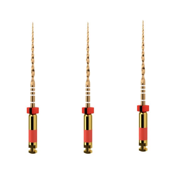 Set of three red-handled WaveOne Gold Primary reciprocating endodontic files
