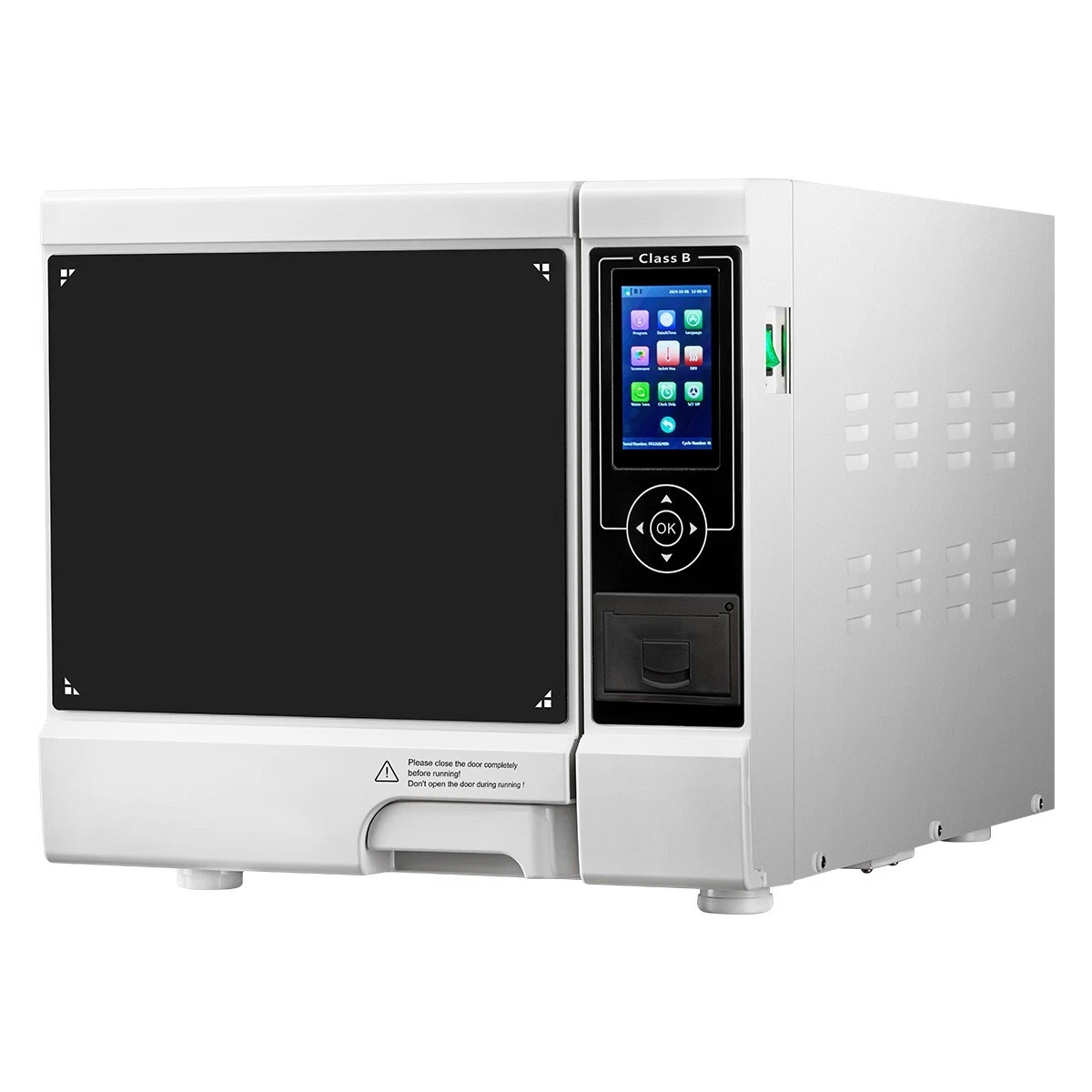 3/4 view of a white Class B medical autoclave with digital touch screen panel and ventilation slots, isolated on a white background