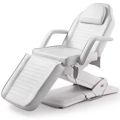 Luxury white aesthetic chair with high-gloss gold pedestal base, electric derma bed for premium clinics Dubai