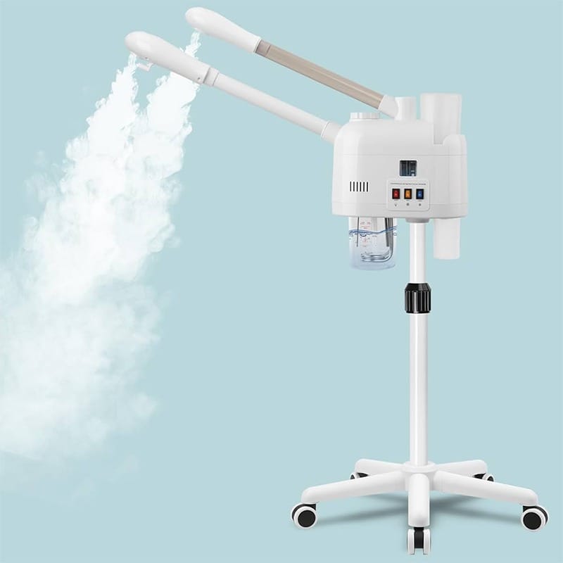 WhatsApp Image 2025-05-11 at 11.48.25 AM Professional white facial steamer (cold & hot) with dual adjustable arms and rolling base for aesthetic procedures.